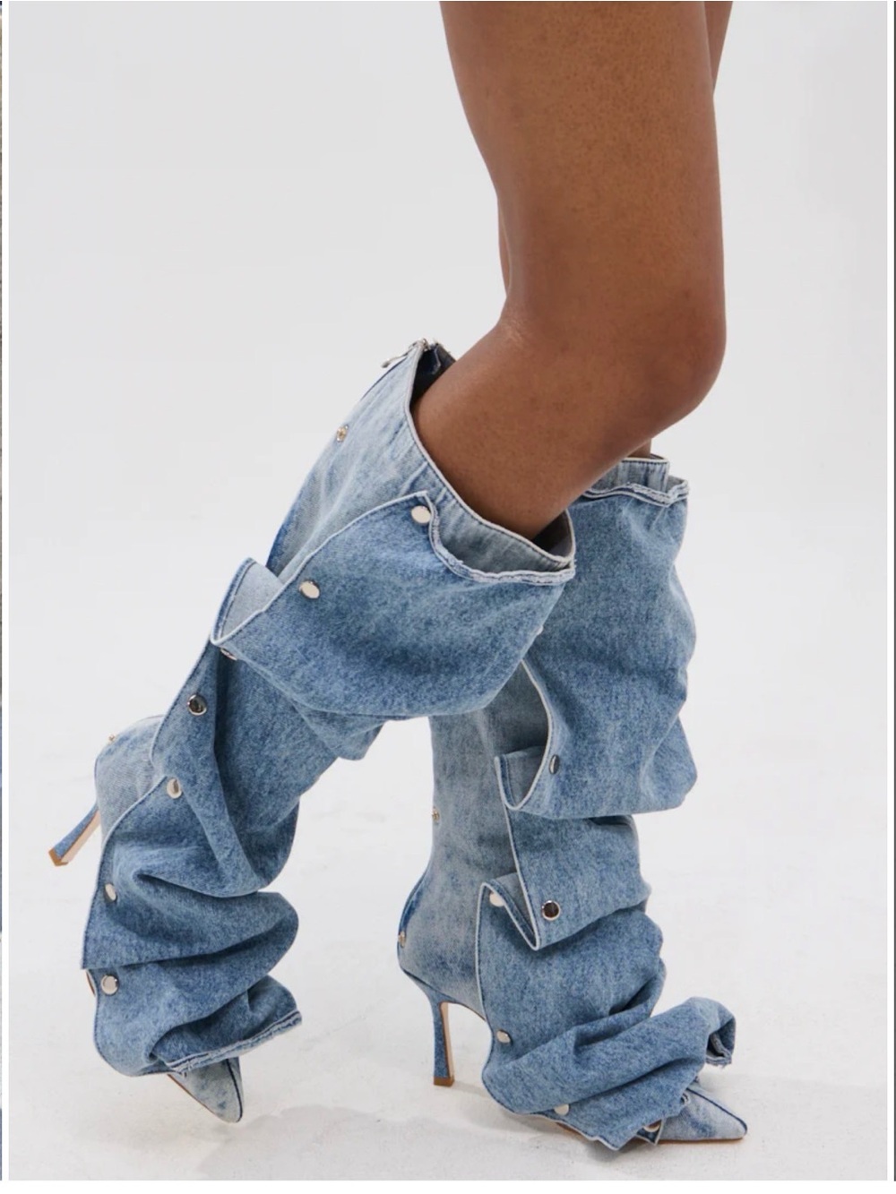 Denim Slouchy Knee-High Stiletto Boots - Light Blue